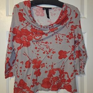 I-N-C. Grey/Taupe/Red Cowl Neck Floral Embellished Blouse.  Size XL.